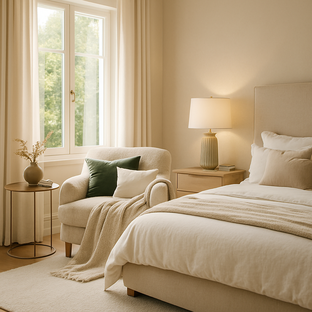 Gemütliche Leseecke mit Sessel, Kissen und Beistelltisch im Schlafzimmer