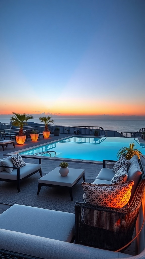 Gemütlicher Lounge-Bereich im Freien mit Blick auf den Sonnenuntergang über einem Pool