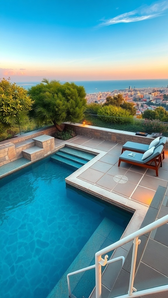 Gemütliche Lounge-Ecke am Pool mit Blick auf die Stadt