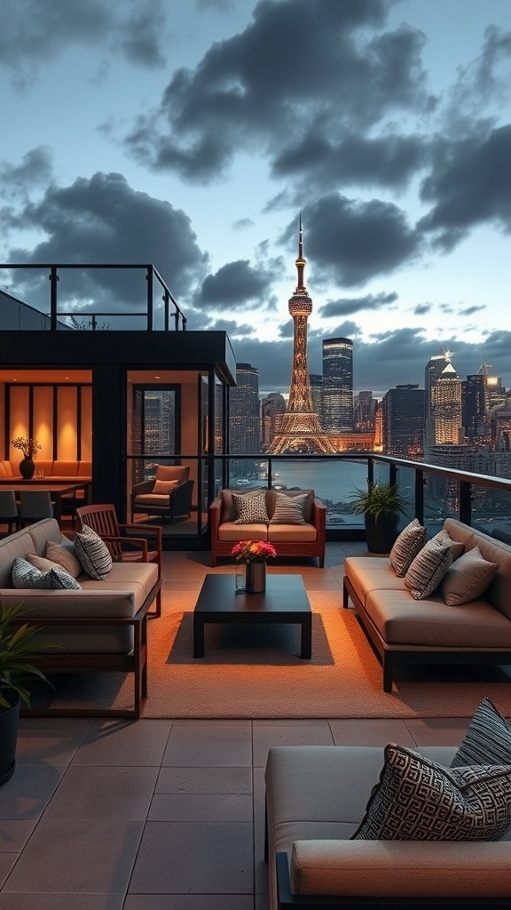 Gemütliche Lounge-Ecke auf einer Dachterrasse mit Blick auf die Stadt bei Dämmerung