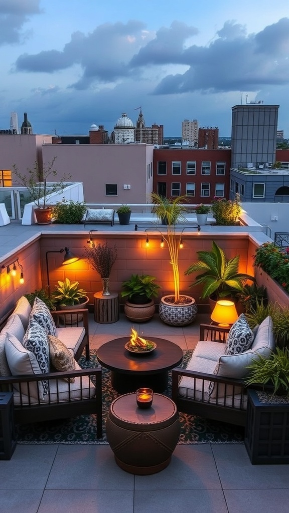 Gemütliche Lounge-Ecke auf einer Dachterrasse mit Pflanzen und einer Feuerstelle