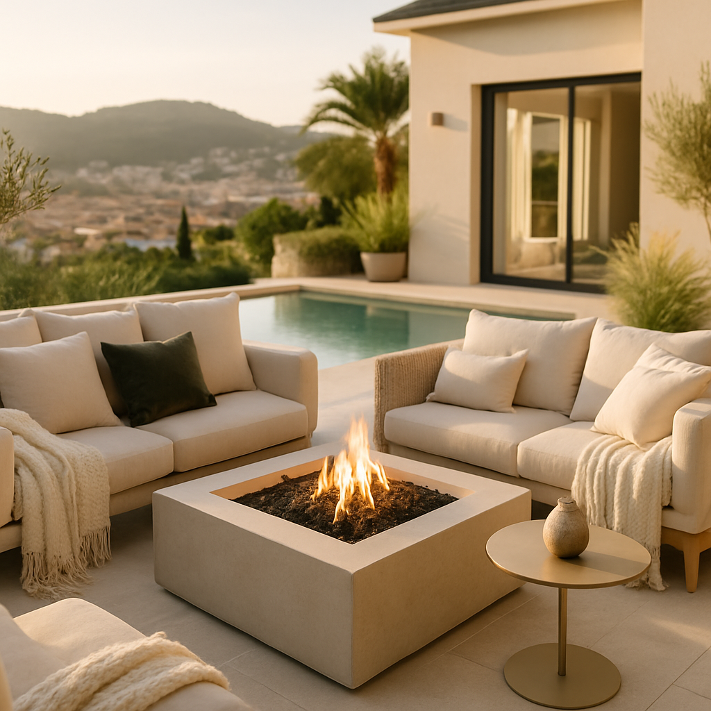 Gemütliche Outdoor-Lounge mit Feuerstelle und Blick auf den Pool