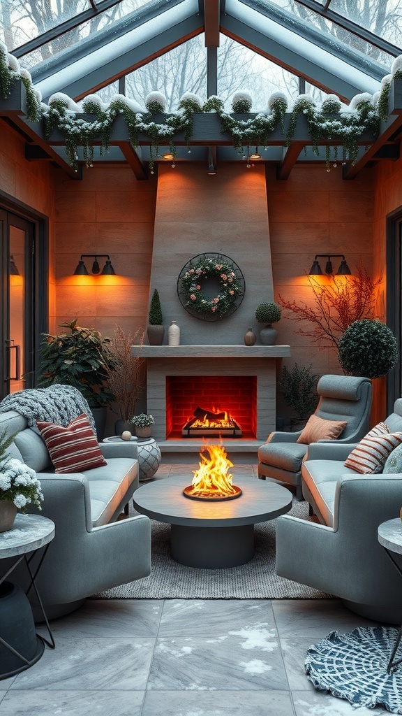 Gemütliche Lounge-Ecke mit Kamin im Wintergarten, stilvolle Möbel und warme Beleuchtung