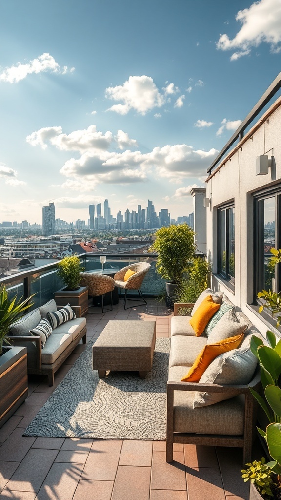 Gemütliche Lounge-Ecke auf einem Dachgarten mit Blick auf die Stadt