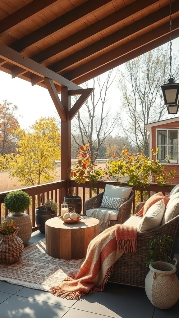 Gemütliche Outdoor-Ecke mit Holzveranda, bequemen Sesseln und herbstlicher Dekoration.