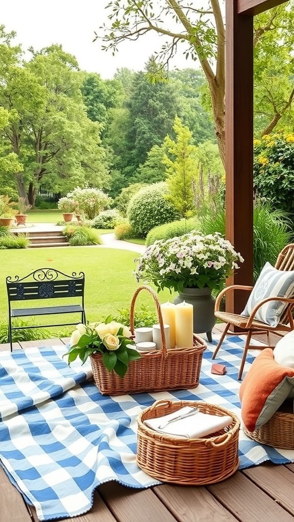 Gemütlicher Picknickbereich mit Decke, Körben und Pflanzen im Garten