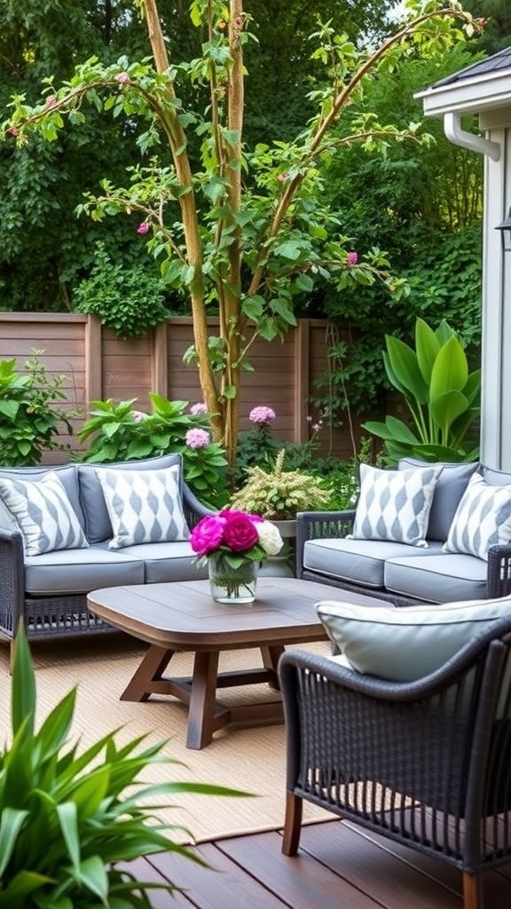 Gemütlicher Sitzbereich auf einer Terrasse mit bequemen Sofas und einem Tisch, umgeben von Pflanzen.