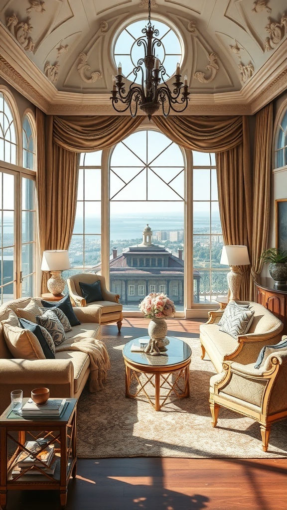 Ein elegantes Wohnzimmer im Rococo-Stil mit großen Fenstern, komfortablen Möbeln und einem Kronleuchter.