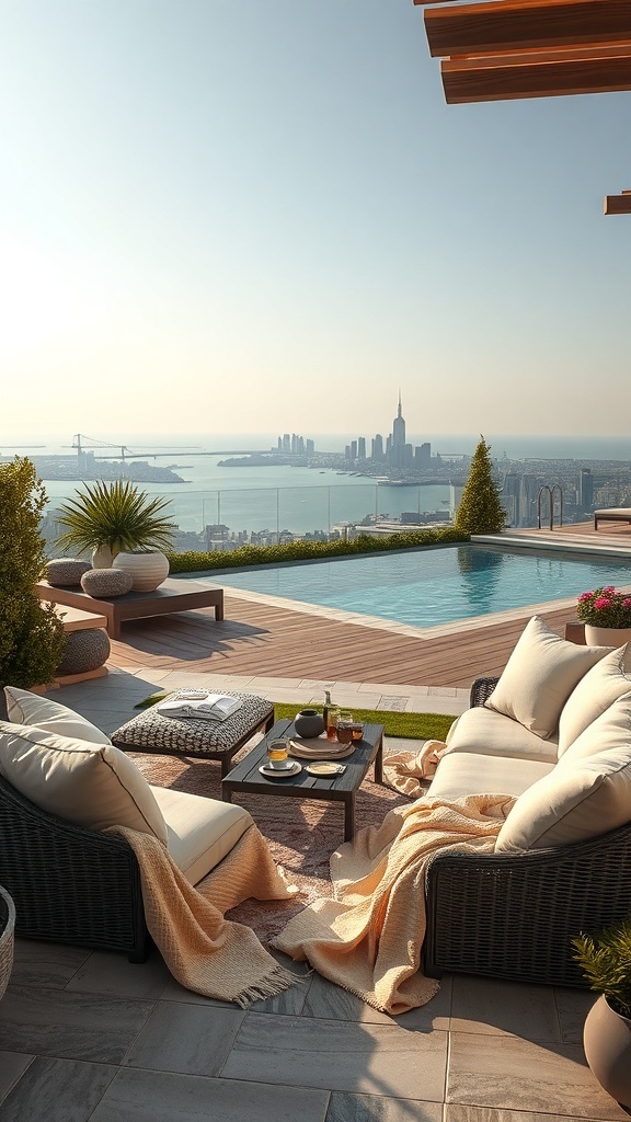 Gemütliche Outdoor-Sitzecke mit Decken, Blick auf den Pool und die Stadt im Hintergrund