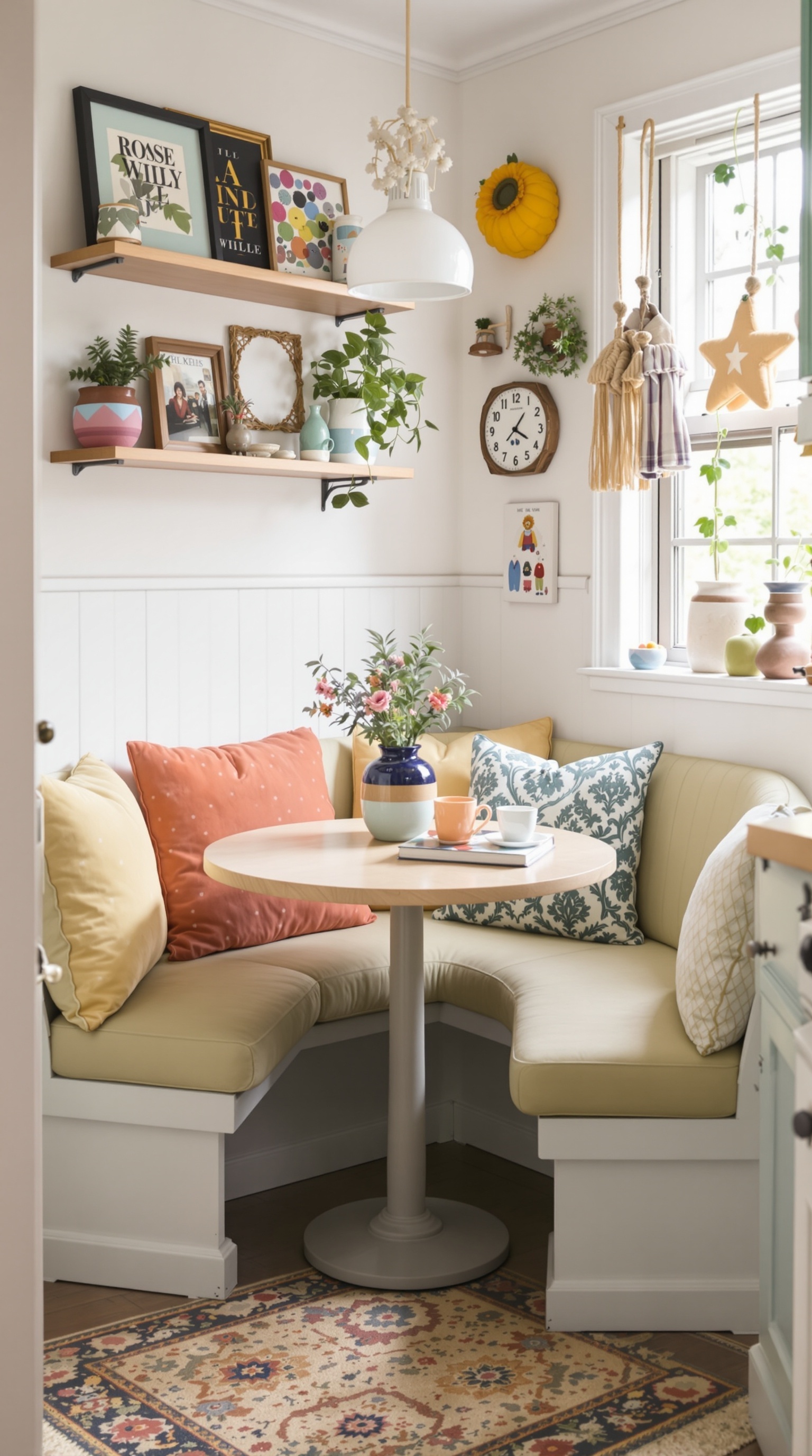 Gemütliche Küche mit Sofa, Tisch und Stühlen, dekoriert mit Pflanzen und Kissen.