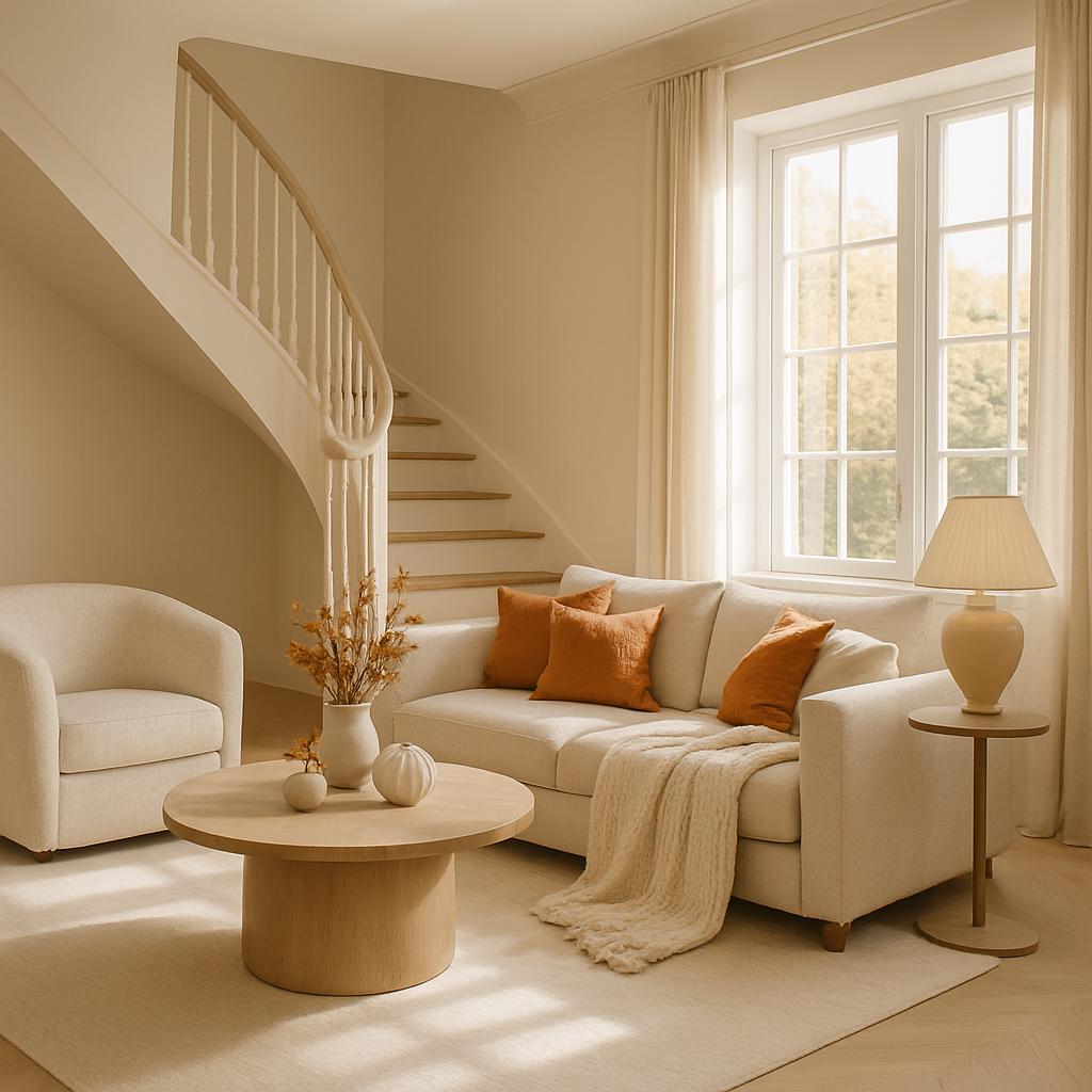 Gemütliches Wohnzimmer mit einer hellen Couch, orangefarbenen Kissen und einem runden Holztisch.