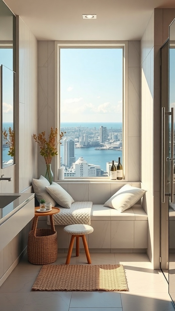 Gemütliche Sitznische in einem modernen Badezimmer mit Blick auf die Stadt