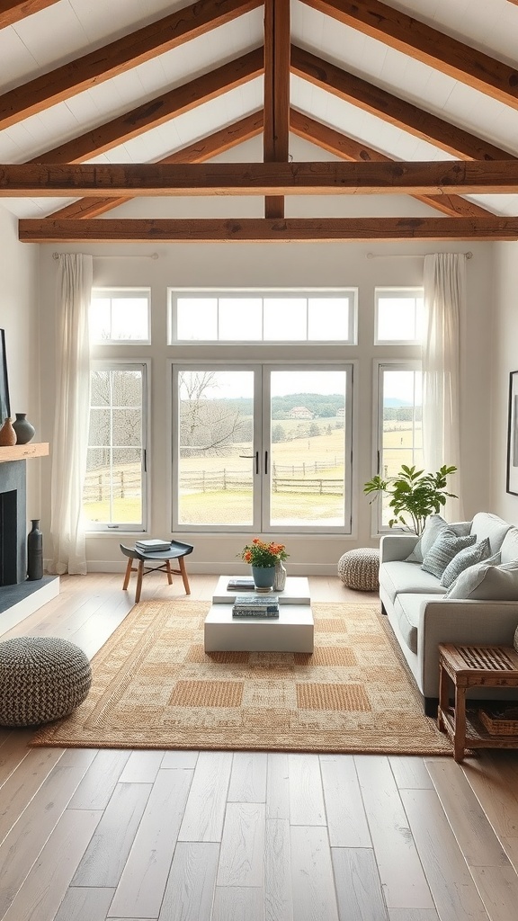 Modernes Wohnzimmer im Bauernhausstil mit einem gemütlichen Teppich, Holzfußboden und großen Fenstern