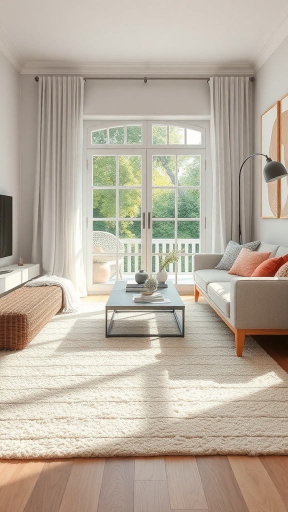 Gemütlicher Raum mit hellem Teppich, Sofa und großen Fenstern