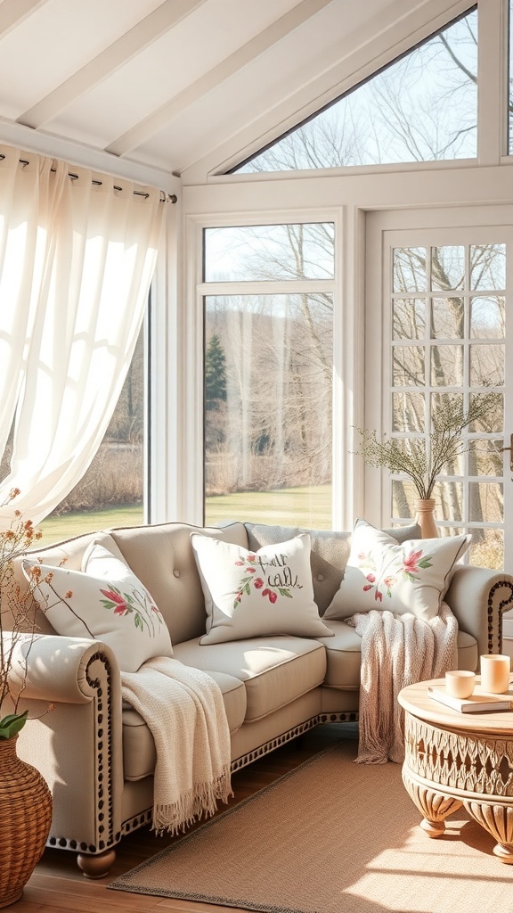 Gemütliches Wohnzimmer mit heller Couch, floralen Kissen und sanften Vorhängen