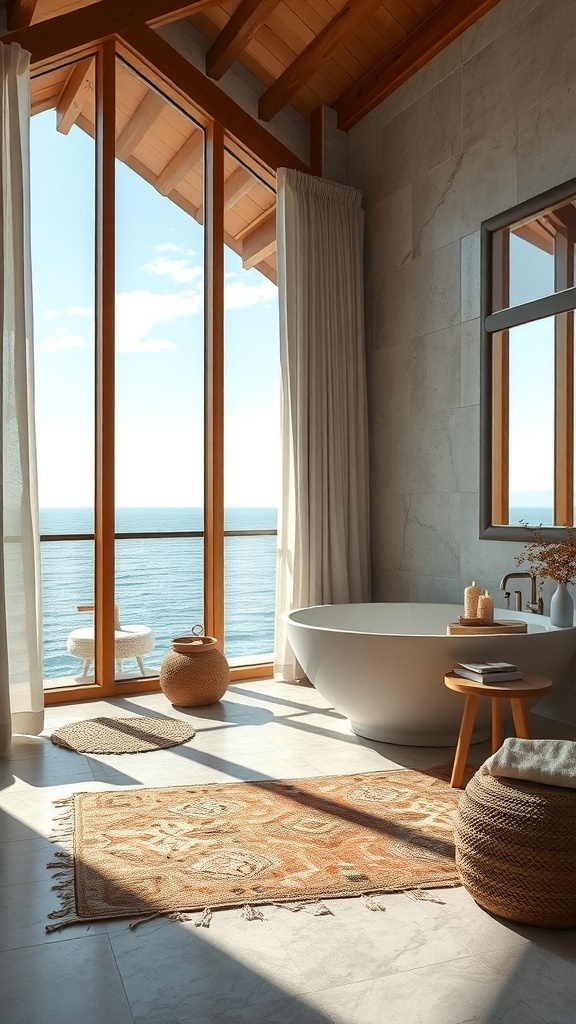 Gemütliches Badezimmer mit Blick auf das Wasser, großen Fenstern und warmen Textilien.
