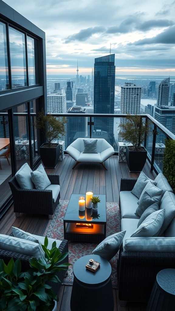 Gemütliche Dachterrasse mit Blick auf die Stadt, modernen Möbeln und Pflanzen.
