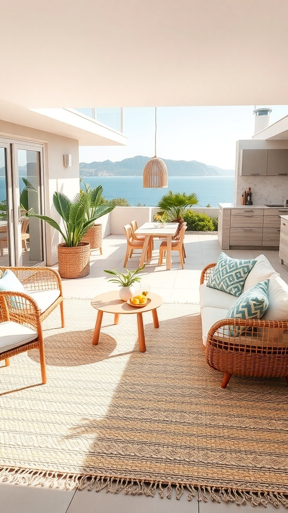 Helle Terrasse mit gemustertem Teppich, Rattanmöbeln und Blick auf das Meer
