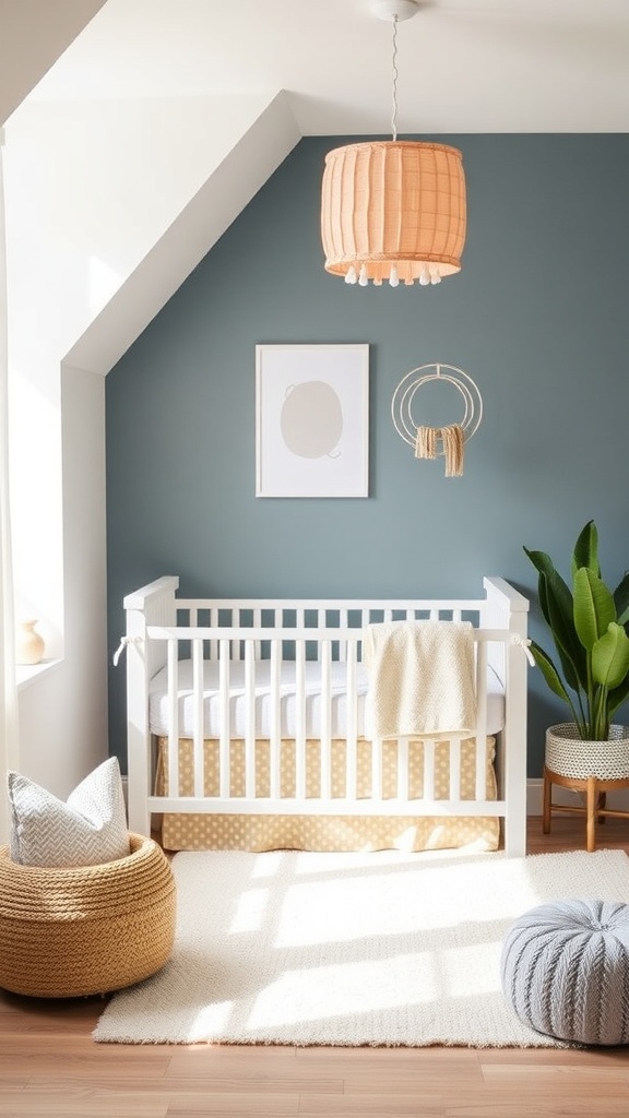 A cozy gender-neutral nursery featuring a white crib, soft pillows, and a calming blue wall.