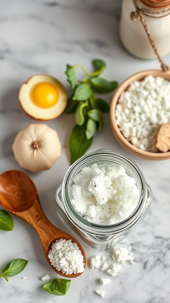 A jar of gentle exfoliating scrub with mint leaves and coarse grains on a marble surface.