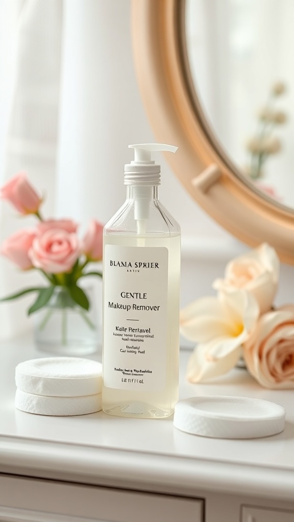 A bottle of gentle makeup remover next to cotton pads and flowers on a vanity.