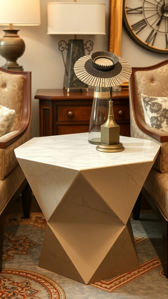 A stylish living room with a geometric accent table, featuring large windows and a city view.