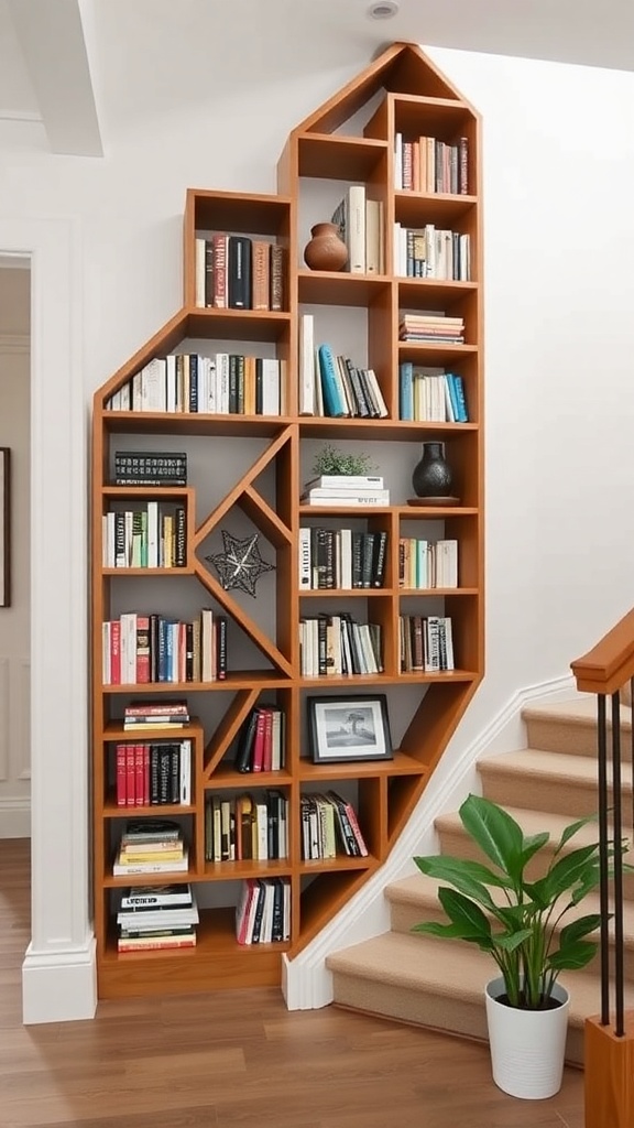 A geometric bookshelf design integrated into a staircase corner, showcasing books and decorative items.