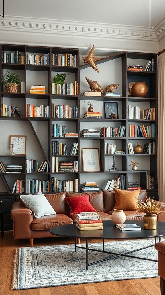 A modern geometric bookshelf filled with books and decorative items in a cozy living room.