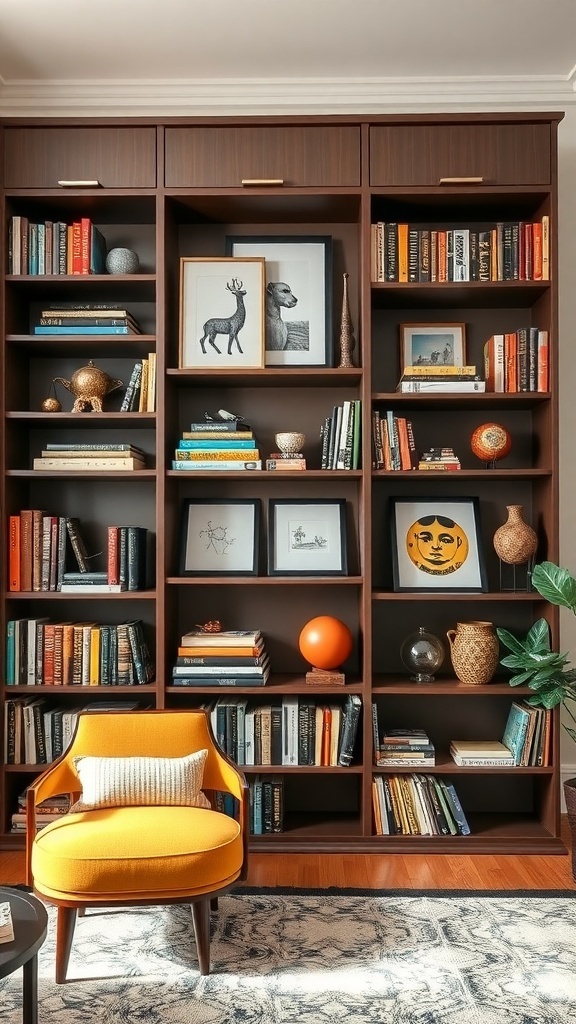 A modern geometric bookshelf filled with books and decorative items, alongside a bright orange chair.