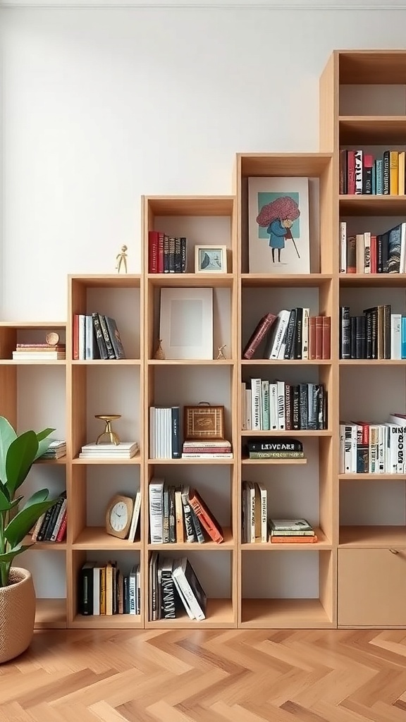 A modern geometric bookshelf with staggered shelves, holding books and decorative items.