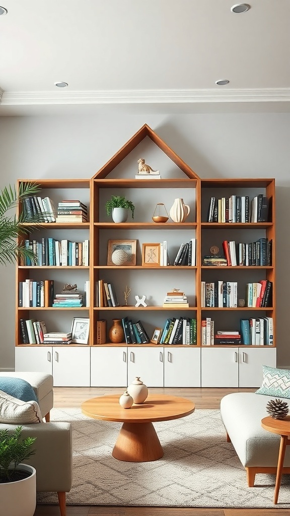 Geometric bookshelf resembling a house with books and decor items