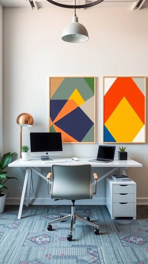A modern workspace featuring two geometric pattern posters on the wall, a desk with a computer, and a stylish chair.