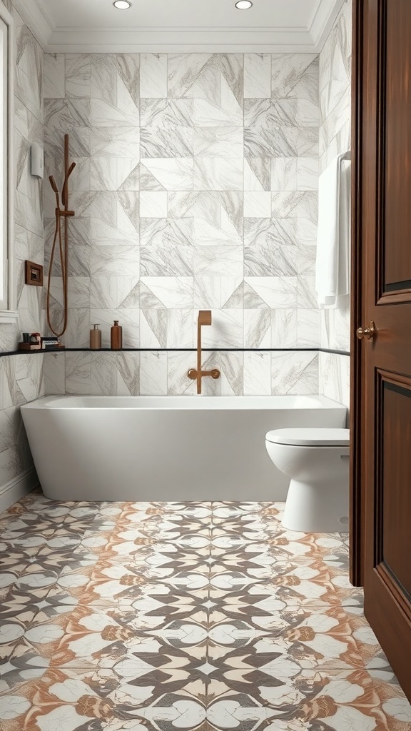A modern bathroom featuring geometric patterned tiles on the floor and walls, with a white bathtub and stylish fixtures.