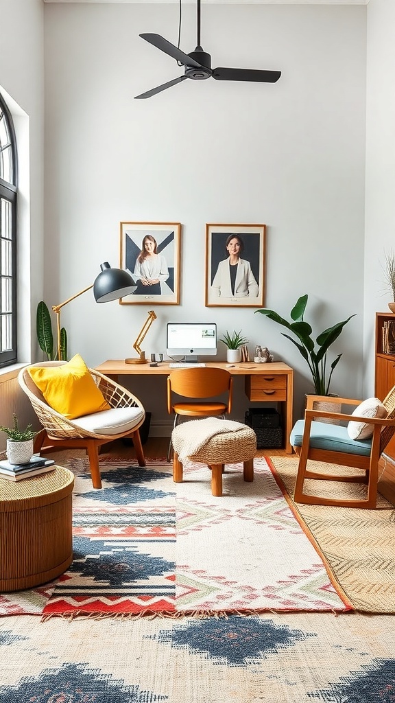 A stylish room featuring geometric patterned rugs, organic-shaped furniture, and decorative plants.