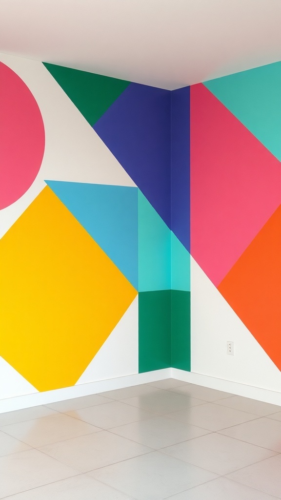 A wall featuring bold geometric patterns in vibrant colors.