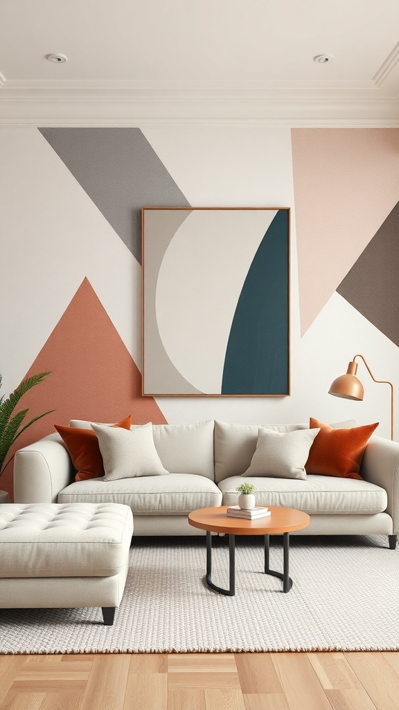 A modern living room featuring geometric wall painting with triangles and curves in warm colors.