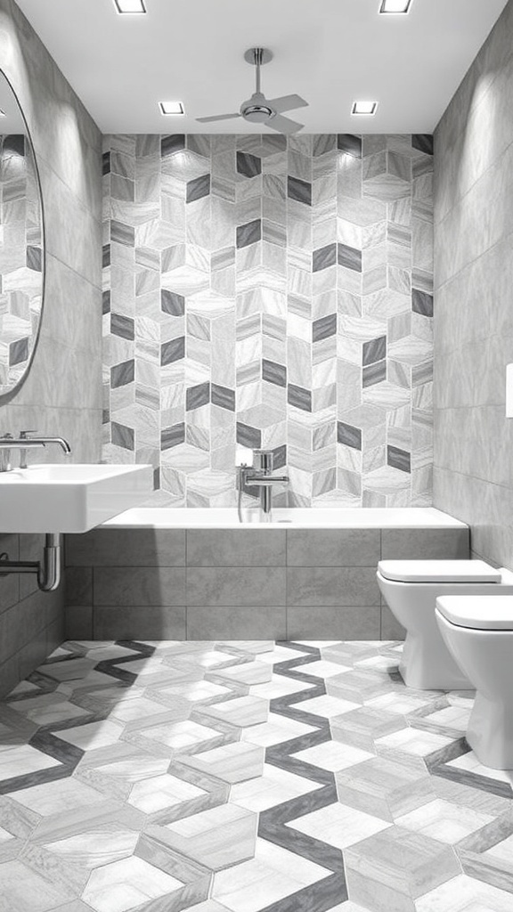 Modern bathroom with geometric tile patterns on walls and floor