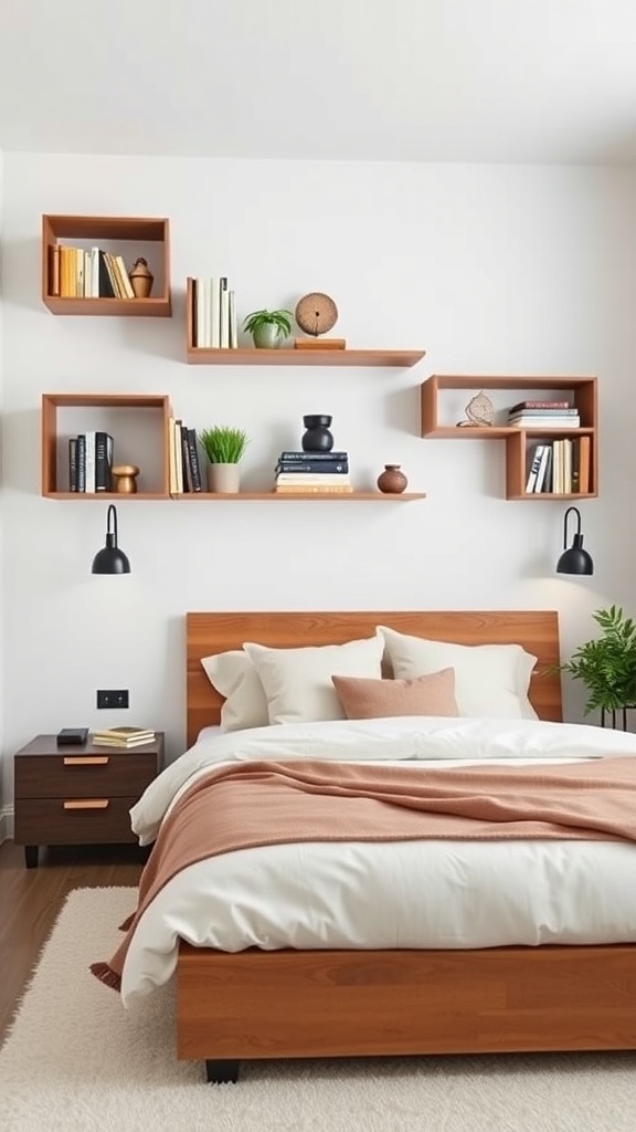 A modern bedroom featuring geometric wall bookshelves with books and decor.