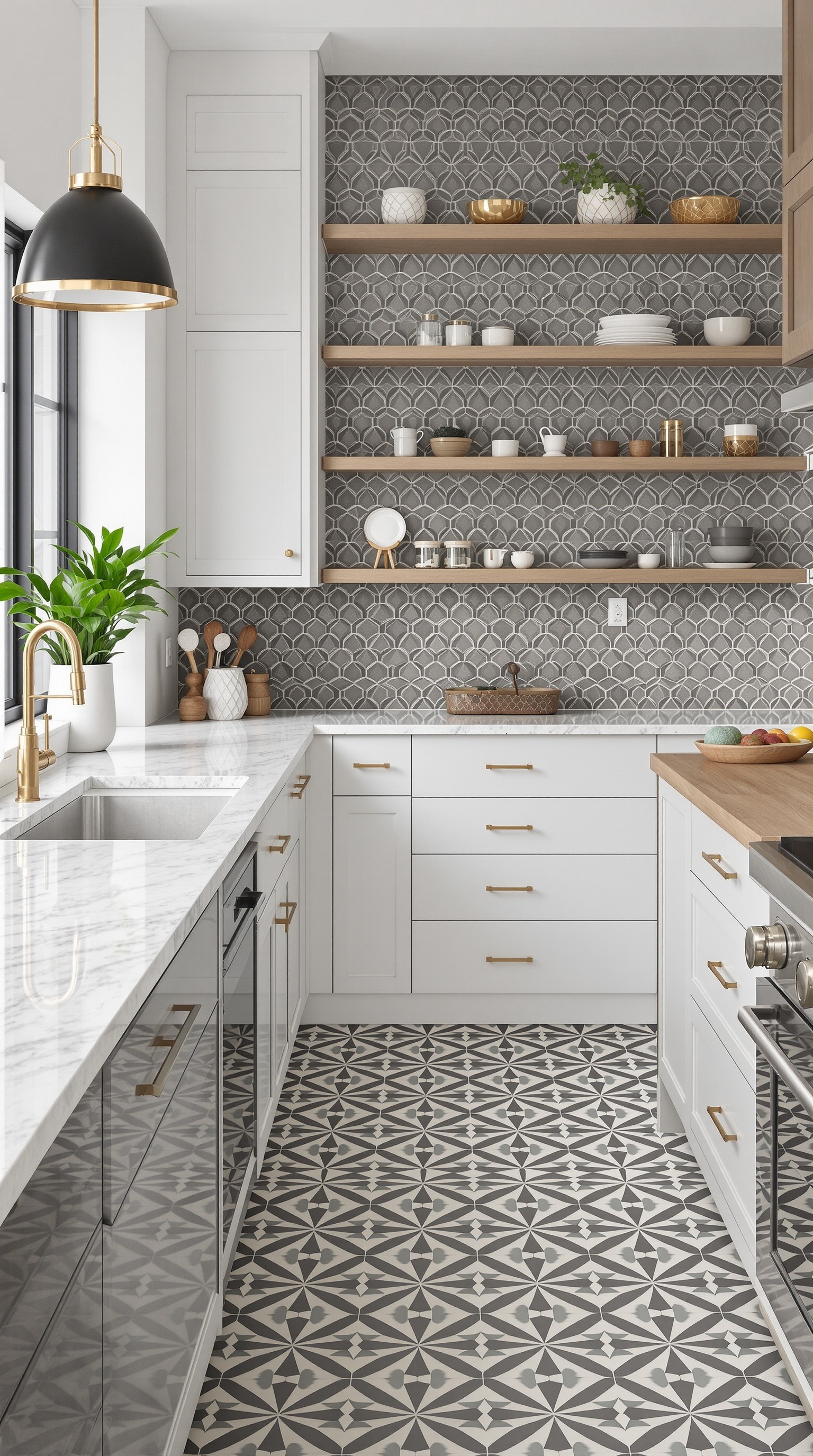 Bright kitchen with geometric tile patterns and natural light