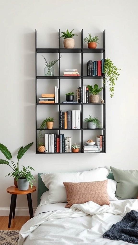 A geometric wall grid bookshelf with books and plants above a bed.