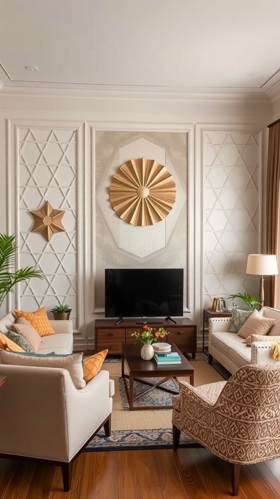 A stylish living room featuring geometric wall panels, jewel-toned furniture, and golden accents.