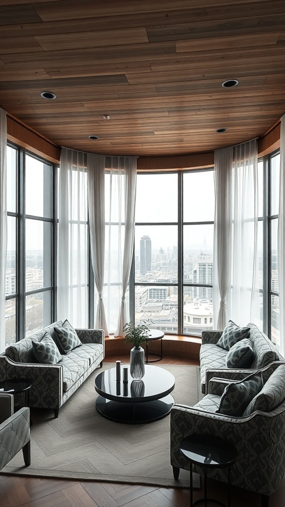 Glamouröses Art Deco Wohnzimmer mit geometrischen Mustern und großem Fensterblick