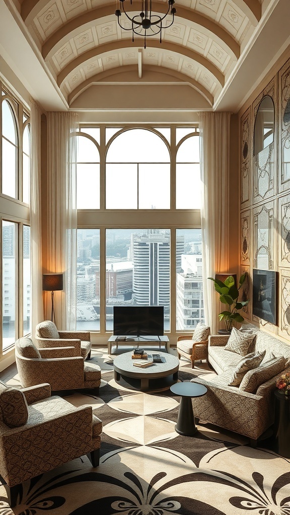 Ein elegantes Wohnzimmer mit geometrischen Mustern im Art Deco-Stil, großen Fenstern und stilvollen Möbeln.