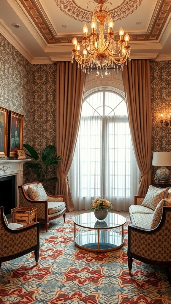 Ein elegantes Wohnzimmer im Art Deco Stil mit geometrischen Mustern auf dem Teppich und stilvollen Möbeln.