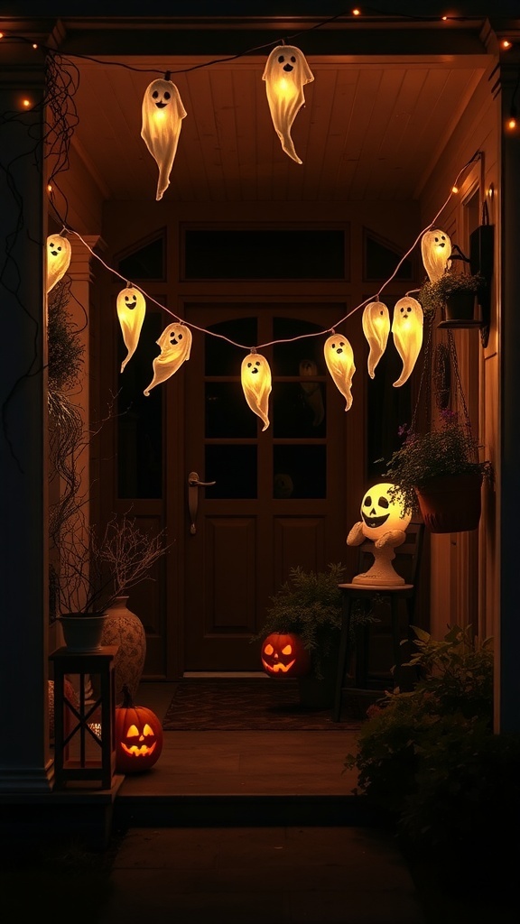 Eine Veranda mit Gespenstischen Lichterketten und Kürbissen für Halloween