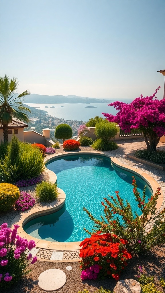 Ein Pool umgeben von bunten Blumen und grünen Pflanzen mit Blick auf das Wasser.