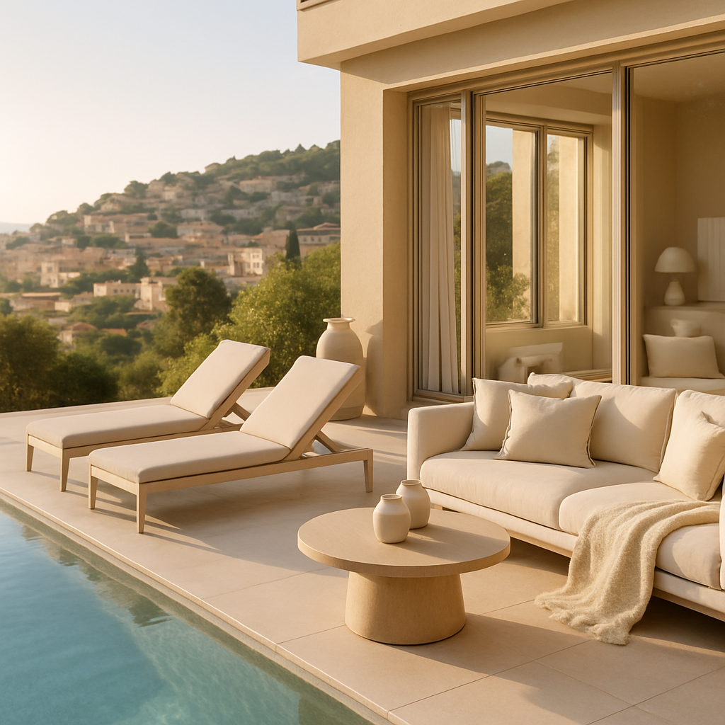 Stylische Terrasse mit Pool und bequemen Möbeln, umgeben von Natur
