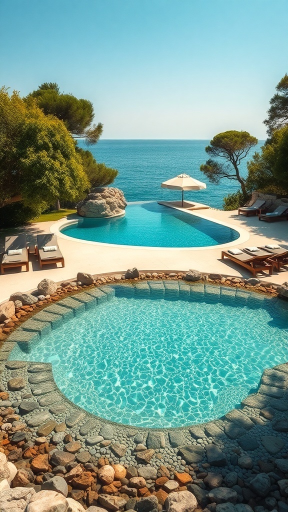Ein Naturpool mit Kies und Sand, umgeben von Bäumen und einem Blick auf das Meer.