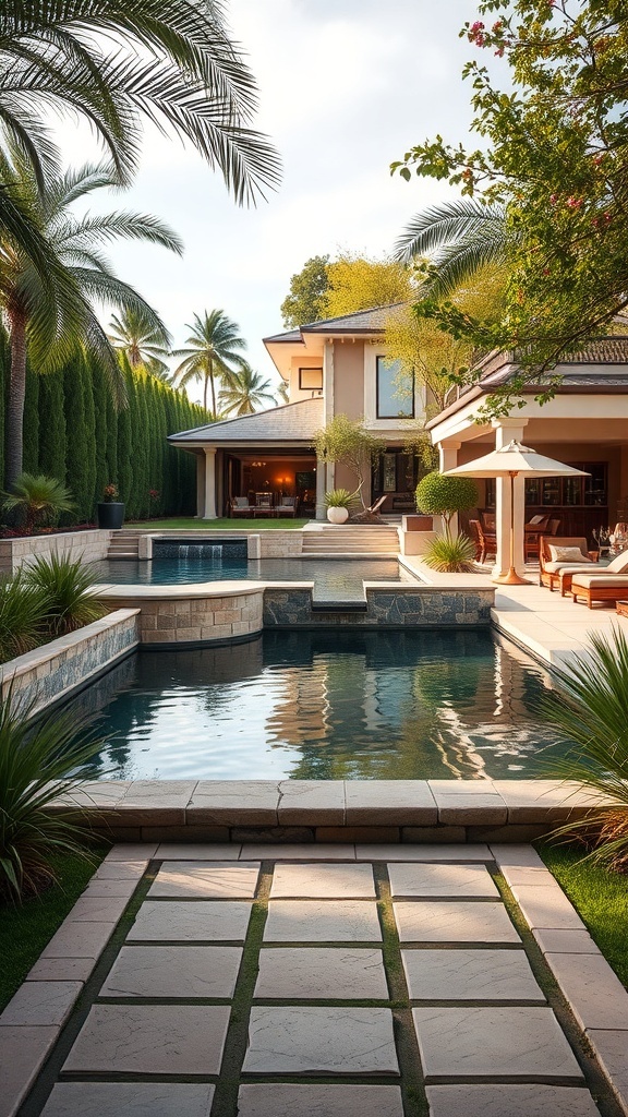 Ein eleganter Eingangsbereich mit einem Naturpool, umgeben von Palmen und modernen Steinen.
