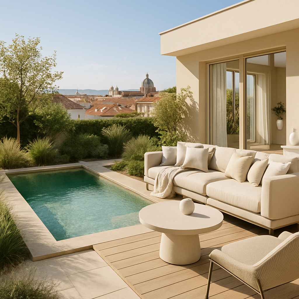 Ein kleiner Garten mit einem modernen Naturpool, einer gemütlichen Sitzecke und grünen Pflanzen.